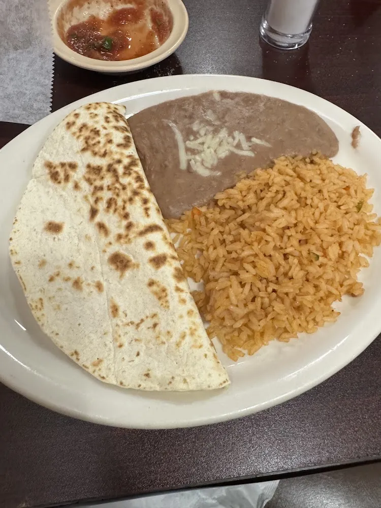 A Cheese Quesadilla with Rice and Beans